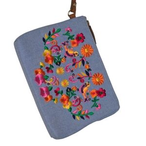 Talbots Medium Colorful Floral Embroidered Cotton Leather Trim Denim Wristlet